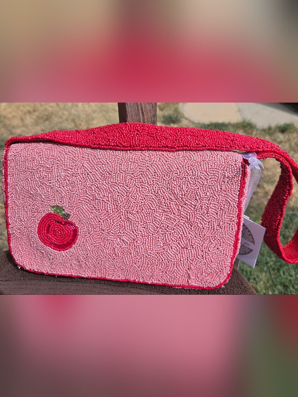 T.J.Maxx Pink Beaded Shoulder Bag with Red and White Apple Motif - Picture 2 of 3